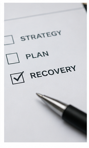Business recovery checklist with Recovery selected, representing a turnaround pathway